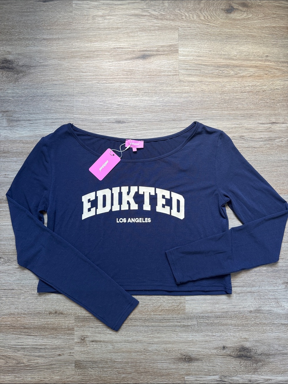 NWT Edikted Navy Blue Long Sleeve Cropped Logo Top